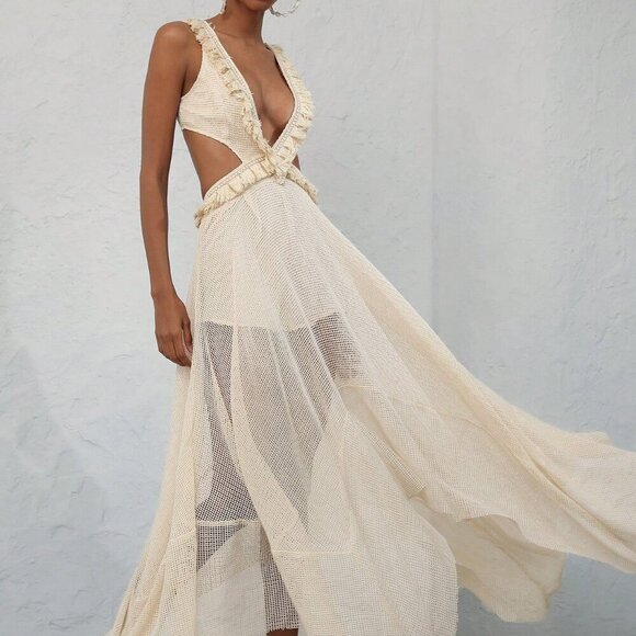 Dresses & Skirts - Apricot Boho Women's Hollow Out Deep V-Neck Splice Lace Sleeveless Dress